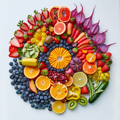 Colorful arrangement of fresh fruits and flowers on white background