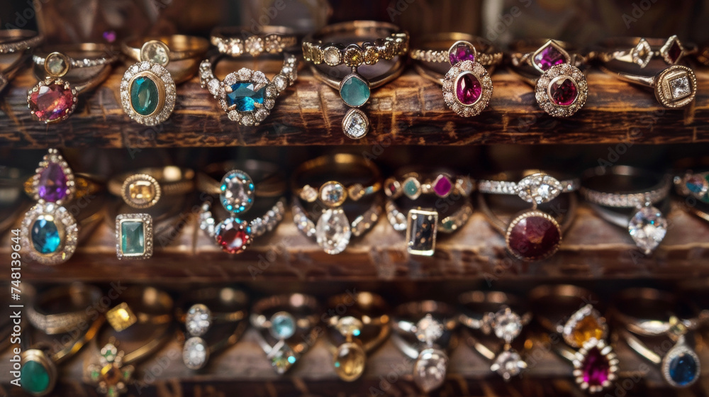 Poster several rows of sparkling gemstone rings ranging in size and shape displayed on a rustic wooden shel