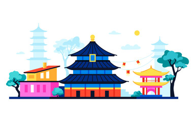 Shinto wooden shrine - modern colored vector illustration with Tiantan Temple of Heaven and a small chapel for the deities. Red paper lanterns, house, nature and trees. Life in harmony idea
