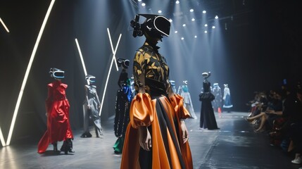 Naklejka premium Models donning VR headsets and avant-garde attire strut down the runway at a futuristic-themed fashion show with neon lights.