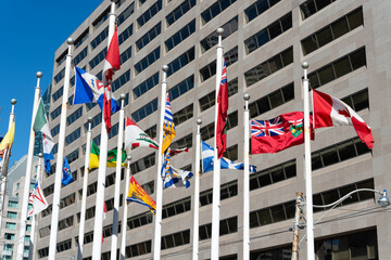 lackadaisical provincial and territorial flags of canada flying in the wind in downtown toronto - obrazy, fototapety, plakaty