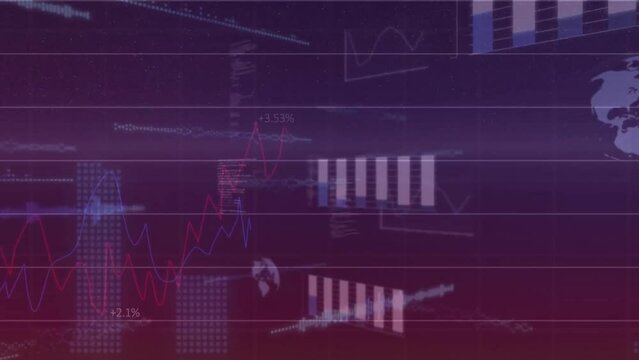 Animation of finances data processing on purple background
