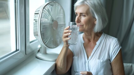 Mature Woman holding a glass of water beside a home fan, seeking relief from summer heat. Hydration and cooling