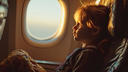 Adorable kid girl sits by the window at plane soars through the sky. Childhood wonder during an airplane journey