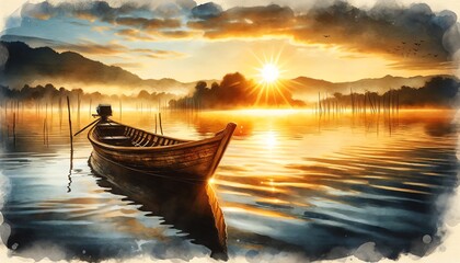 Landscape Watercolor of Beautiful View of a Traditional Wooden Rowing Boat on Scenic Morning Light at Sunrise