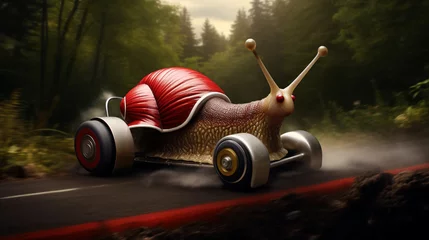 Foto op Canvas A snail pilots a miniature Formula 1 car © kamon