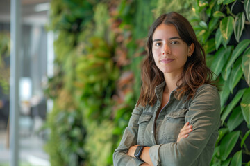 A woman is standing in front of a solid green wall, looking directly at the camera. She appears confident and composed, with her hand resting casually on her hip.