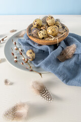 Quail eggs in a ceramic bowl