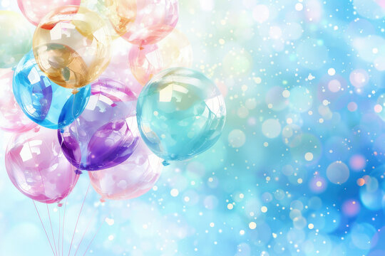 Holographic iridescent transparent balloons background, festive party watercolor design