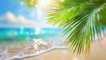 Fototapeta na wymiar Blur beautiful nature green palm leaf on tropical beach with bokeh sun light wave abstract background. Copy space of summer vacation and travel concept. 