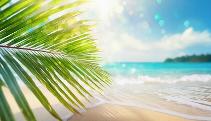 Fototapeta na wymiar Blur beautiful nature green palm leaf on tropical beach with bokeh sun light wave abstract background. Copy space of summer vacation and travel concept. 