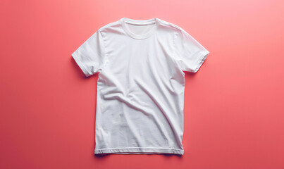 White empty blank t-shirt lying on a pastel red color background. Creative mockup commercial...