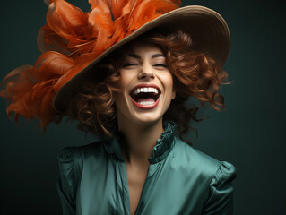 Attractive young woman wearing an old fashioned outfit and wide-brimmed hat laughing in front of a dark studio background