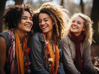 Carefree group of diverse young women wearing scarves and laughing while hanging out together outside in the autumn