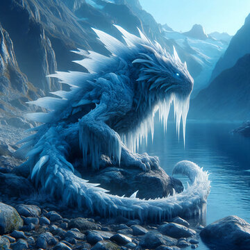 An ice dragon rests by a mountain lake, its scales covered in ice, exuding an aura of ancient power.