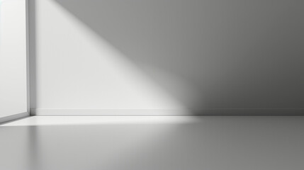 Abstract light grey wall with geometric beam of light. Background for product presentation with sunlight shadow.