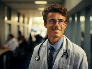 Young male doctor wearing a lab coat and stethoscope around his neck smiling while standing in the corridor of a hospital
