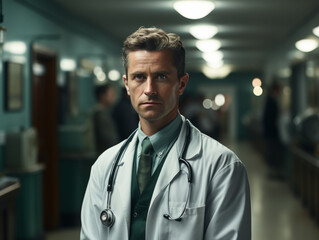 Confident young male doctor wearing a lab coat and stethoscope around his neck standing in the corridor of a hospital