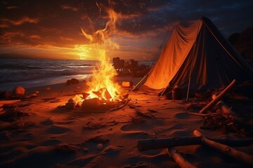 tent on the beach at sunset