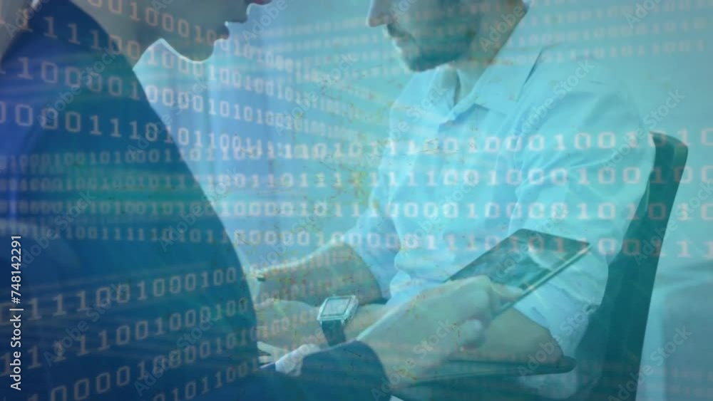 Poster animation of binary coding over caucasian business people using tablet