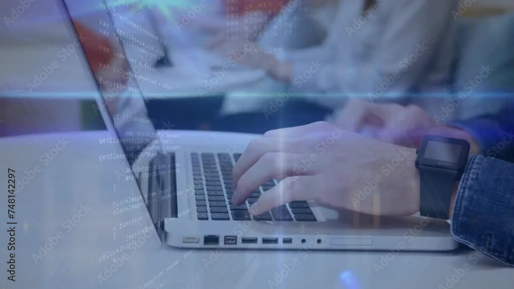 Aufkleber animation of data processing over caucasian business people using laptops