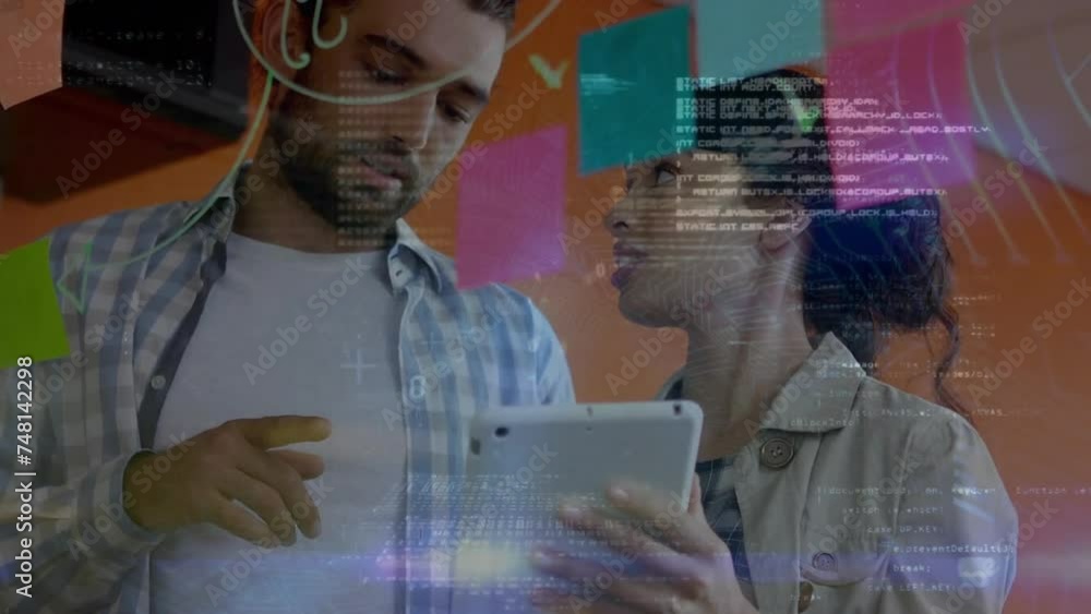 Poster animation of data processing over diverse business people discussing work