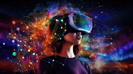 Naklejka premium Immersive Virtual Reality Exploration with Digital Nodes. An individual explores a network of glowing digital nodes through VR headgear, symbolizing advanced cyber connectivity and learning.