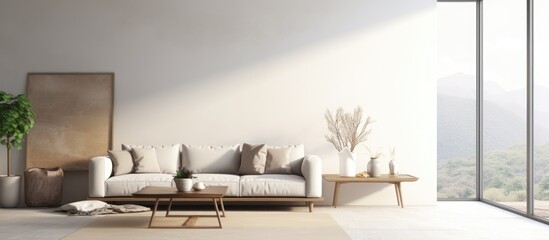 A modern living room featuring a sleek white couch and a vibrant potted plant. The room is minimalistic with a blank wall and a view of a landscape painting,