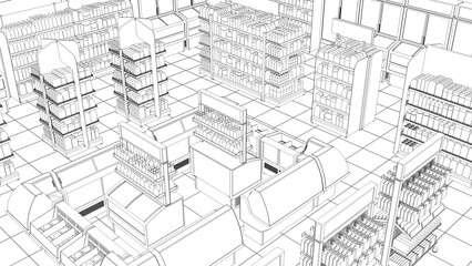 Fototapeta na wymiar Contour visualization of grocery store isometric view with racks of blank goods. 3d illustration