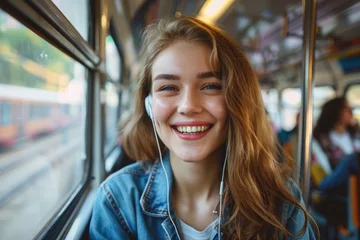 Tuinposter Muziekwinkel Young smiling woman listening music over earphones while commuting by public transport