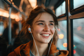 Young smiling woman listening music over earphones while commuting by public transport