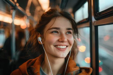 Papier Peint photo Magasin de musique Young smiling woman listening music over earphones while commuting by public transport