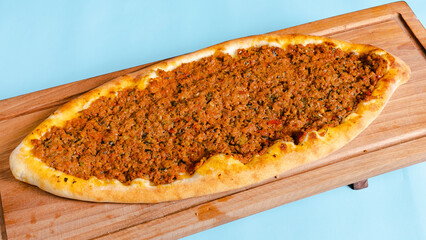 Turkish meat pide top view isolated