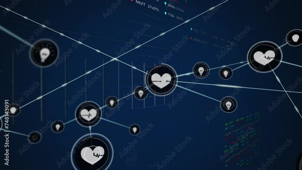 Poster Animation of network of connections with icons over data processing
