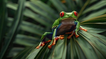 Close-up portrait of a red-eyed amazon tree frog on a palm leaf. AI generated image - obrazy, fototapety, plakaty