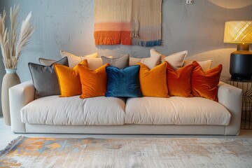 Beige sofa adorned with an array of throw pillows in a warm, inviting color palette. 