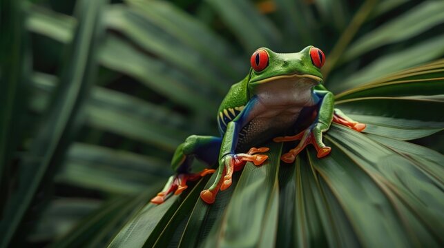Close-up portrait of a red-eyed amazon tree frog on a palm leaf. AI generated image