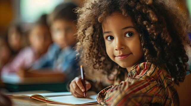 Cute little curly haired dark skinned girl, child, joyfully writing or drawing with a pen in a notebook while seated at a desk