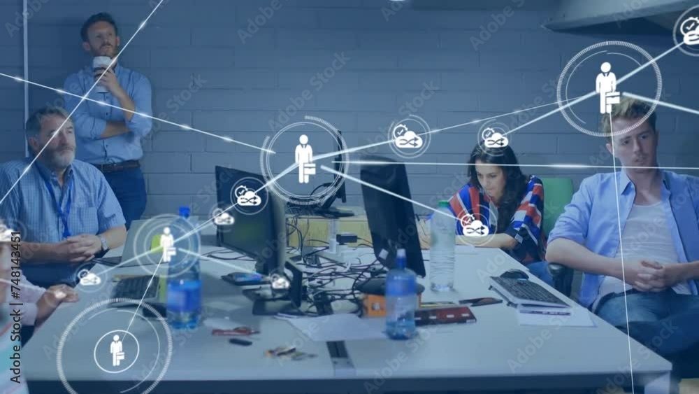 Poster animation of network of connections with icons over diverse colleagues discussing work