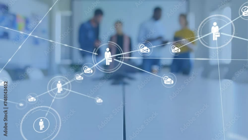 Poster animation of network of connections with icons over diverse colleagues discussing work