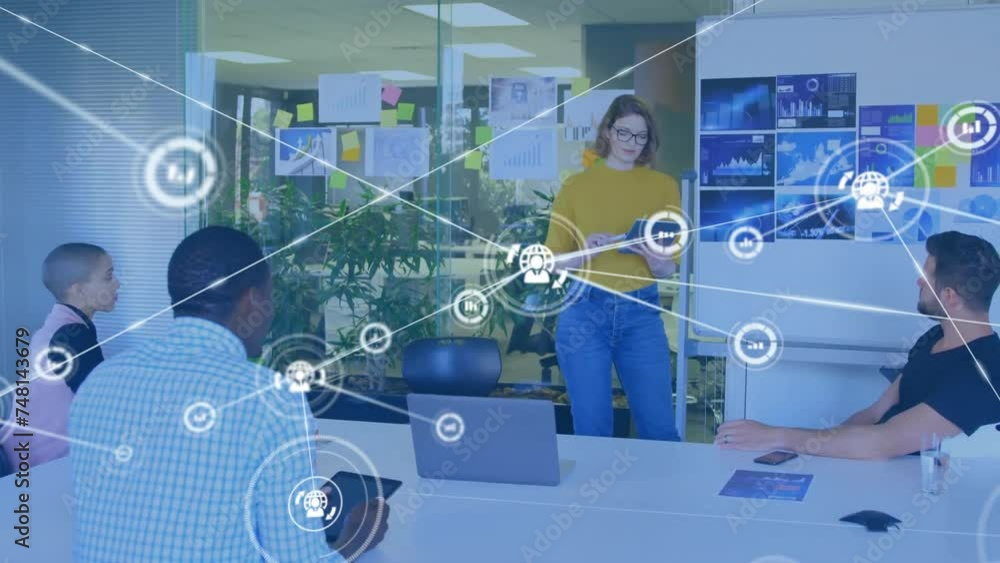 Poster animation of network of connections with icons over diverse colleagues discussing work