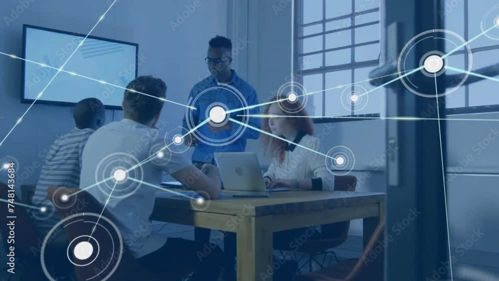 Poster animation of network of connections with icons over diverse colleagues discussing work