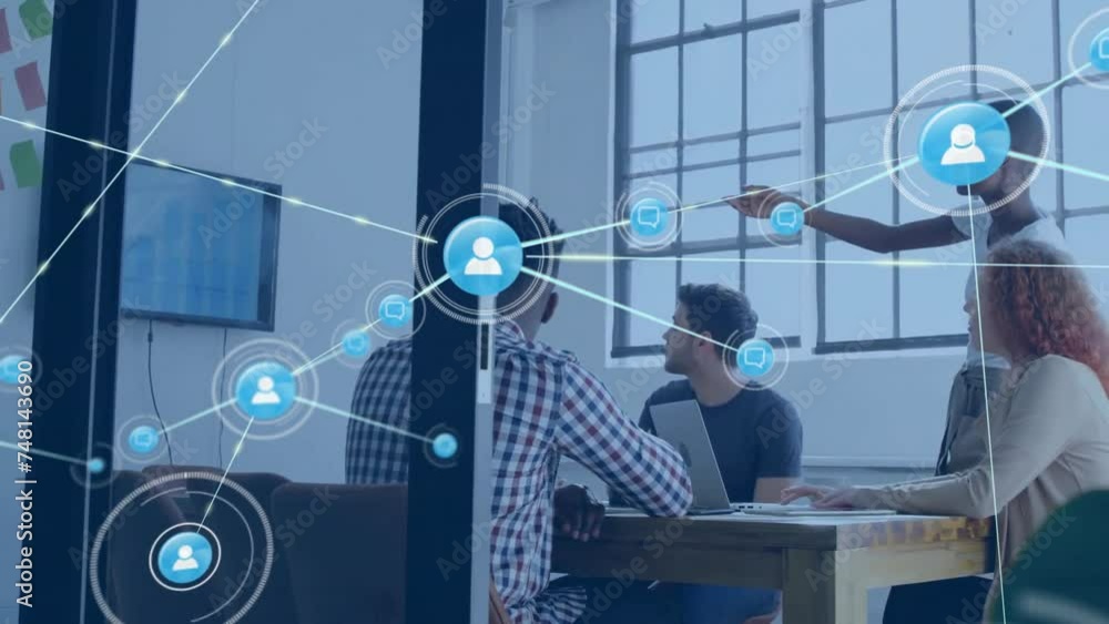 Poster animation of network of connections with icons over diverse colleagues discussing work