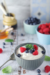 A bowl with Greek yogurt with berries	