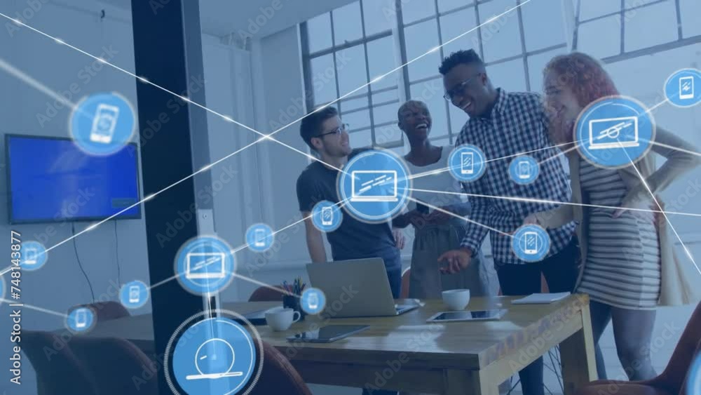 Poster animation of network of connections with icons over diverse colleagues discussing work