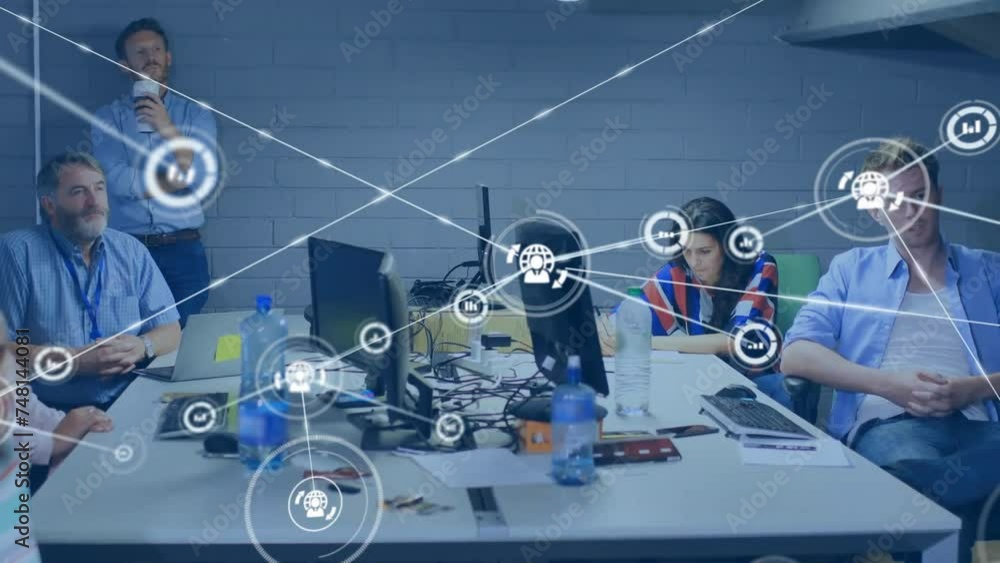 Poster animation of network of connections with icons over diverse colleagues discussing work