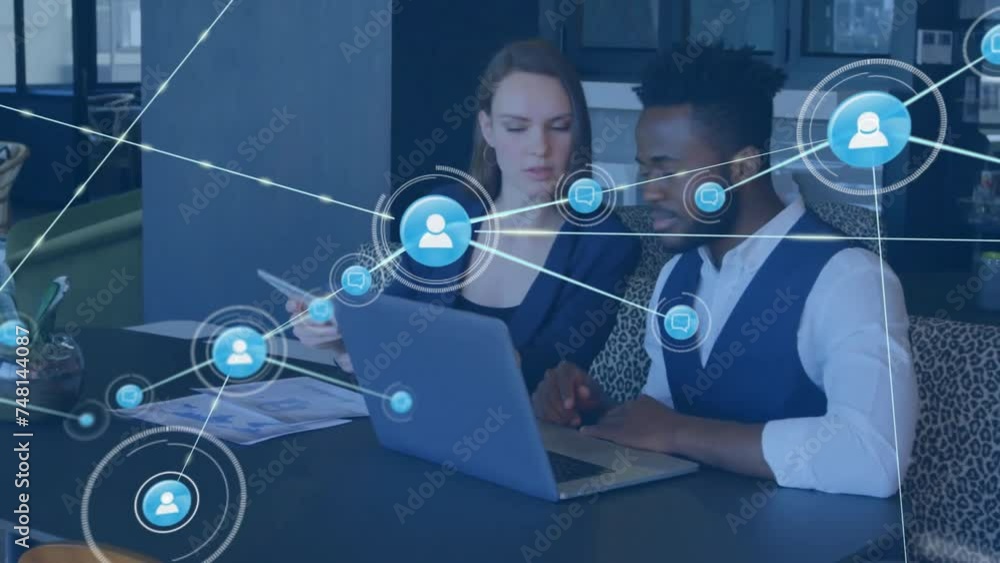 Poster animation of network of connections with icons over diverse colleagues discussing work