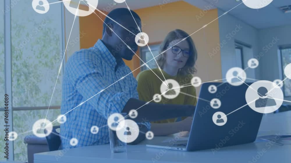 Poster animation of network of connections with icons over diverse colleagues discussing work