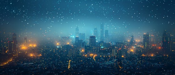The concept of a modern city with a wireless network connection and a cityscape. Wireless technology concept with a cityscape background at night. - obrazy, fototapety, plakaty