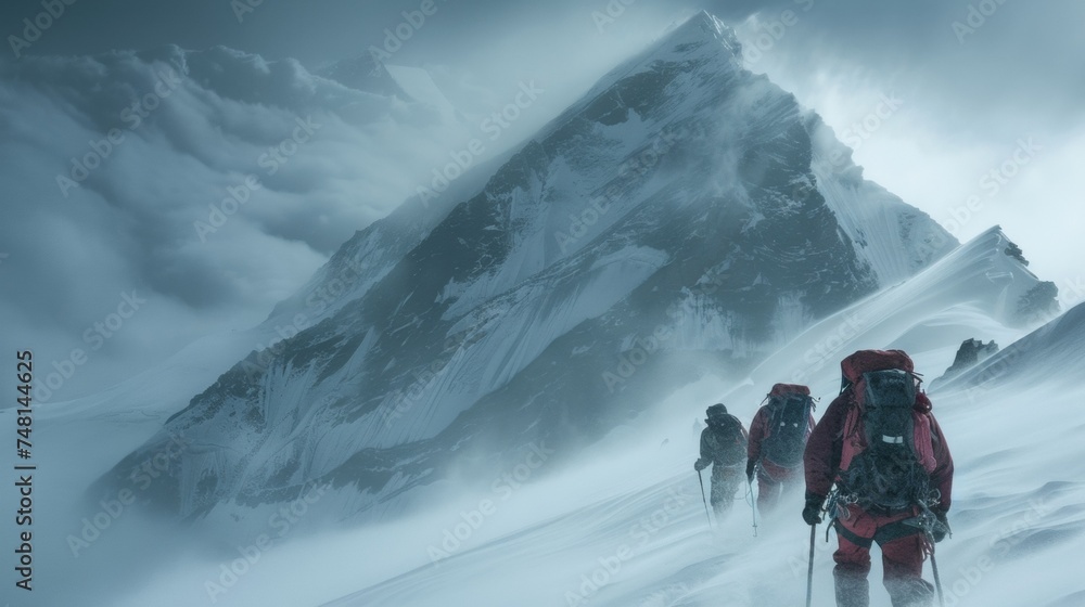 Poster high up in the mountains a team of climbers navigate treacherous terrain and unpredictable weather a